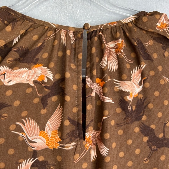 Happy Nature size L short puff flutter sleeve midi dress brown bird print NEW - Picture 13 of 17